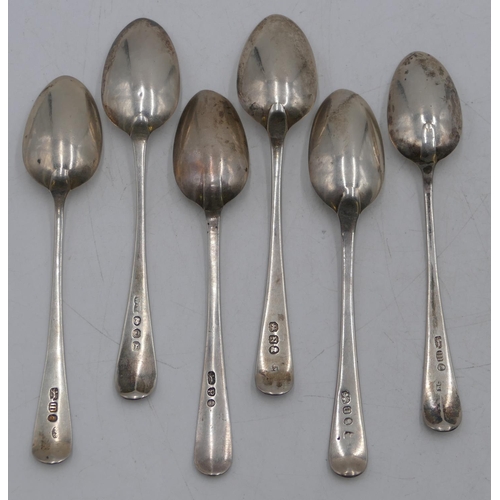 275 - A Harlequin set of 6 George III teaspoons with bright cut decoration, 2.5oz.