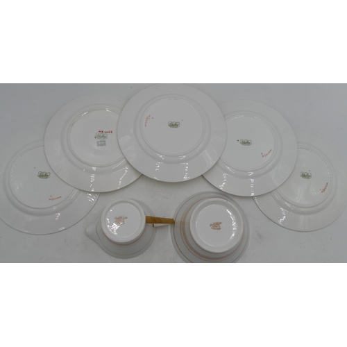 28 - A set of 5 Shelley side plates on white and yellow ground, a Bell china Deco style milk jug and suga... 