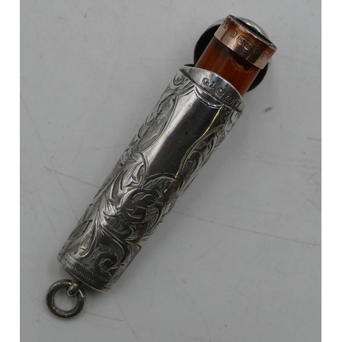 280 - A Birmingham silver cheroot holder with engraved decoration, hinged lid enclosing amber mouthpiece w... 