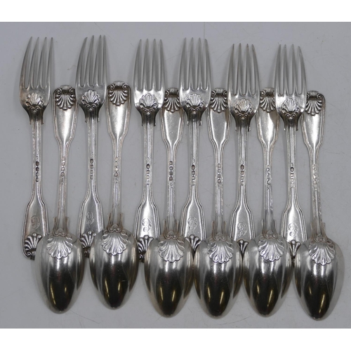 293 - A set of 6 George III silver dessert spoons and 6 matching forks with shell motifs, London 1818, mak... 