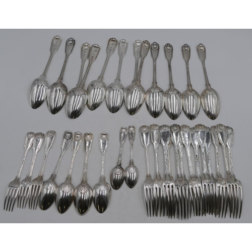 294 - An 19th Century and later silver Harlequin flatware service with raised shell motifs, 12 tablespoons... 