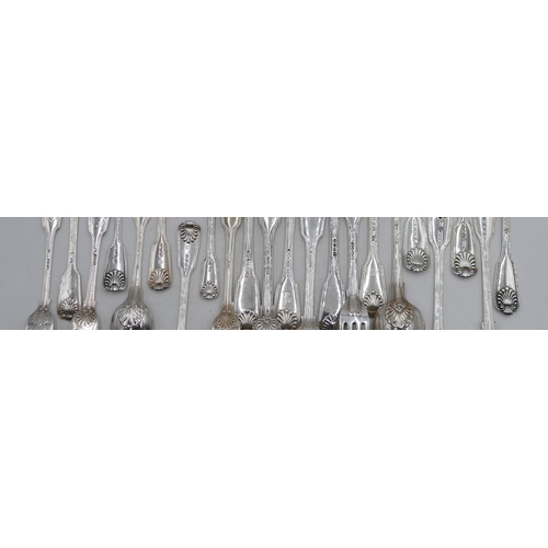 294 - An 19th Century and later silver Harlequin flatware service with raised shell motifs, 12 tablespoons... 