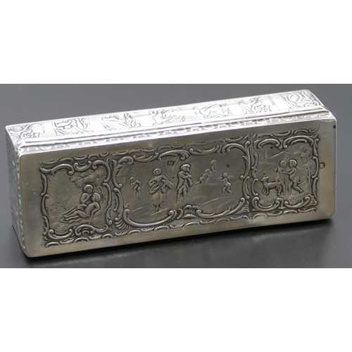 295 - A Dutch silver-coloured metal rectangular shaped box with hinged lid and allover embossed figure, cu... 