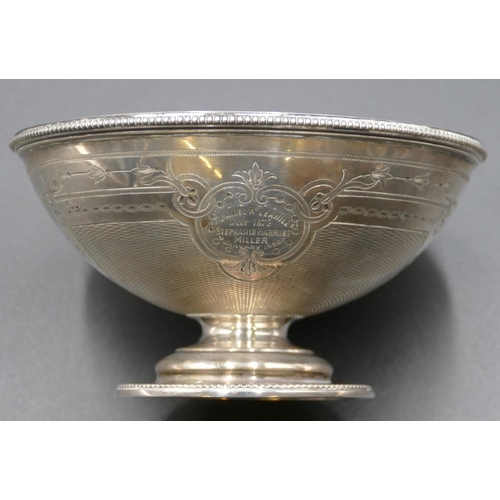 297 - A Victorian silver sugar bowl with engraved and key pattern decoration on sweeping base (inscribed p... 