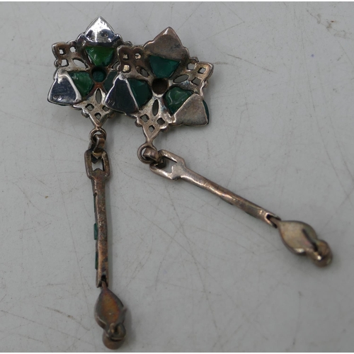 302 - A pair of 925 silver drop earrings mounted with cut steel and jade style decoration