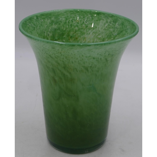 32 - A Monart round trumpet shaped glass vase on green ground,  23.5cm high