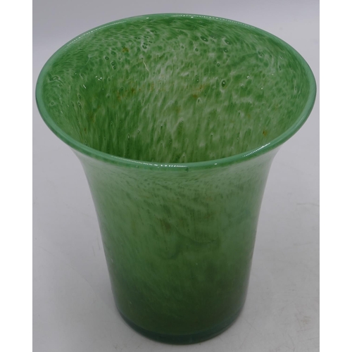 32 - A Monart round trumpet shaped glass vase on green ground,  23.5cm high