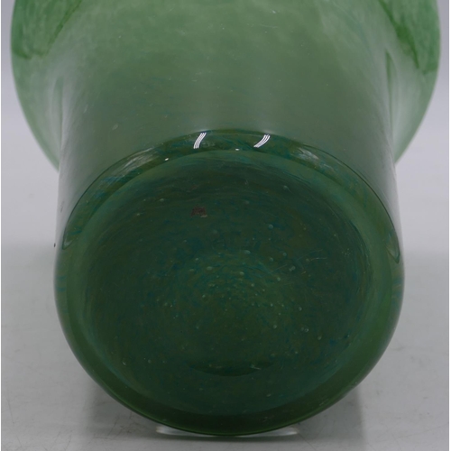 32 - A Monart round trumpet shaped glass vase on green ground,  23.5cm high