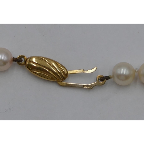 323 - A cultured pearl necklace with 9ct gold clasp, 78cm long.