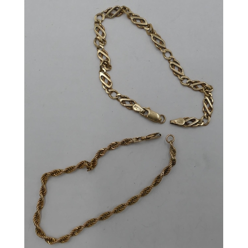 327 - A 9ct gold flat linked bracelet and a 9ct gold twist bracelet (both clasps in need of restoration), ... 