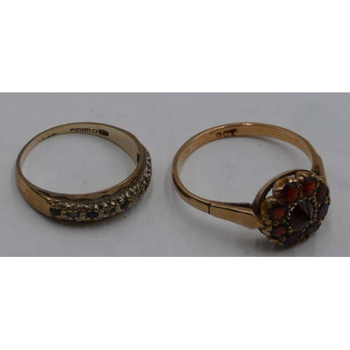 332 - A 9ct gold ladies' circular ring set with garnets (centre garnet loose), size P/Q and another ladies... 