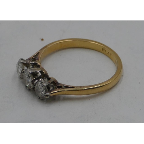 342 - An 18ct gold 3-stone diamond ring, each approx. 0.20ct, size M, 2.8 grams gross.