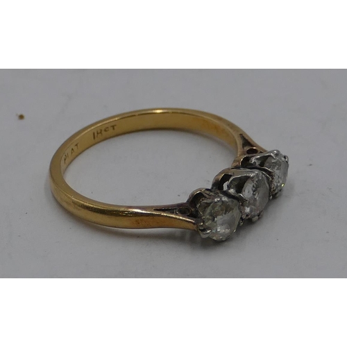 342 - An 18ct gold 3-stone diamond ring, each approx. 0.20ct, size M, 2.8 grams gross.