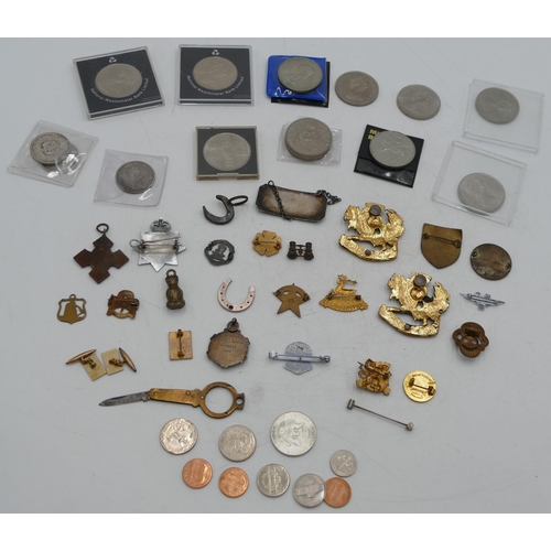 349 - A quantity of various enamelled and other badges etc, and a small quantity of various odd coins.