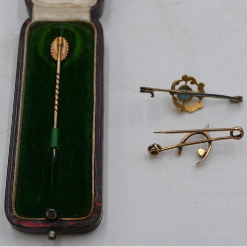 359 - A 9ct gold bar brooch mounted with wishbone, another brooch mounted with turquoise, with later pin a... 