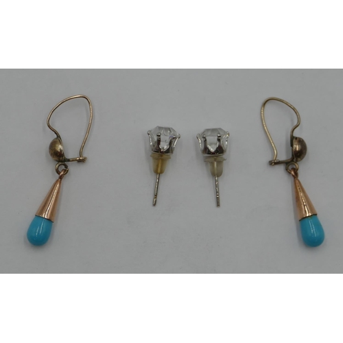 377 - A pair of 9ct gold turquoise drop earrings and a pair of moissanite solitaire earrings. (4)