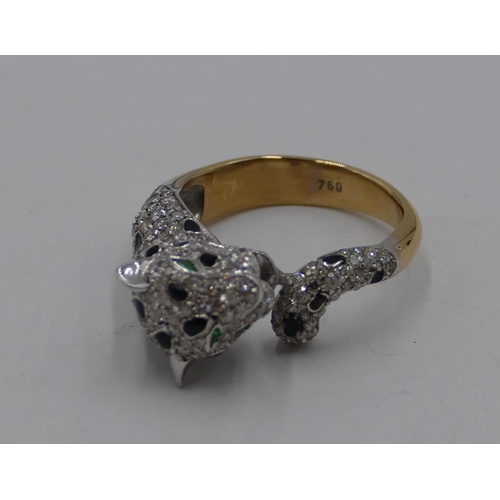 382 - An 18ct gold ring in form of a leopard with allover inset small diamonds and rubies, emerald eyes, s... 