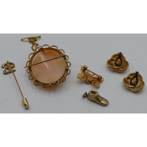 398 - An oval cameo brooch with figurehead of a lady, a pair of plated clip-on earrings, a small butterfly... 