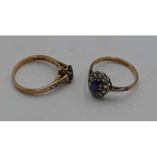 410 - A 9ct gold oval cluster ring set with centre sapphire and surrounded by clear stones, size M/N and a... 