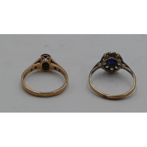 410 - A 9ct gold oval cluster ring set with centre sapphire and surrounded by clear stones, size M/N and a... 