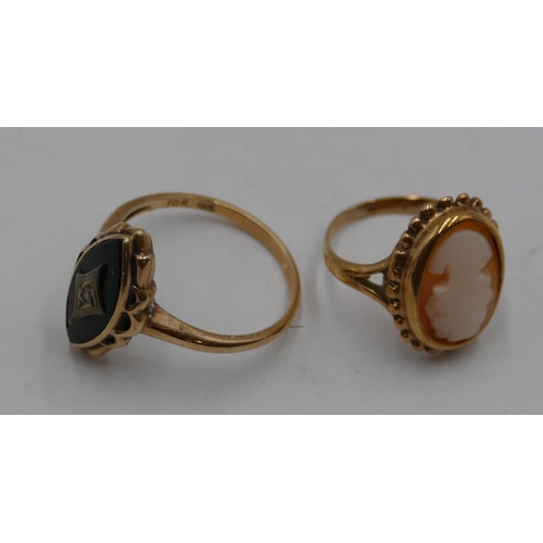 415 - A 9ct gold ladies' ring set inset with small single diamond, size P and a 9ct gold cameo ring, size ... 