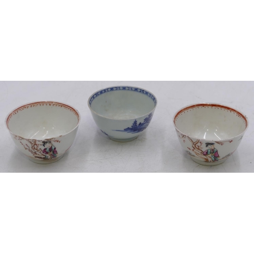 43 - A pair of 18th/19th Century Oriental tea bowls on white ground with multi-coloured figure and bird d... 