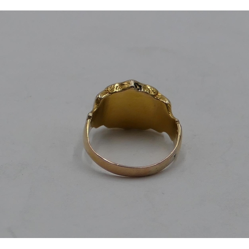 434 - A high ct gold signet ring with shield shaped top (stone missing), size O/P, 4.2 grams.