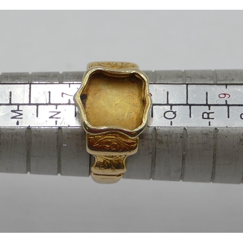 434 - A high ct gold signet ring with shield shaped top (stone missing), size O/P, 4.2 grams.