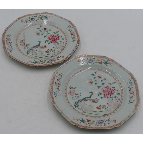 44 - A pair of Chinese octagonal shaped plates on white ground with multi-coloured bird, floral and branc... 