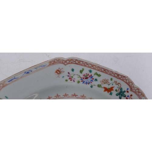 44 - A pair of Chinese octagonal shaped plates on white ground with multi-coloured bird, floral and branc... 