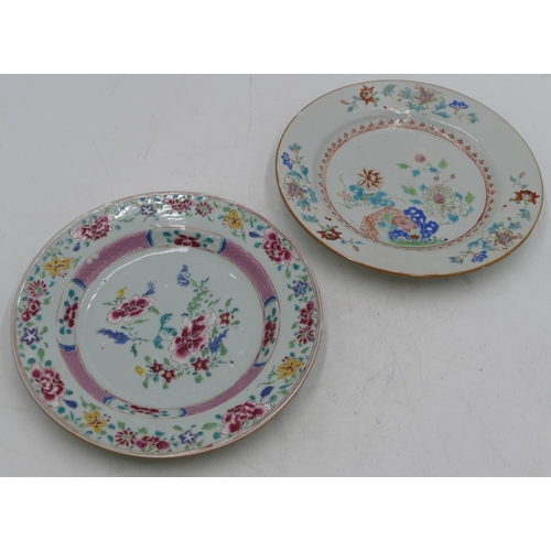 46 - An 18th/19th Century Chinese plate on white and puce ground with multi-coloured floral, leaf and scr... 