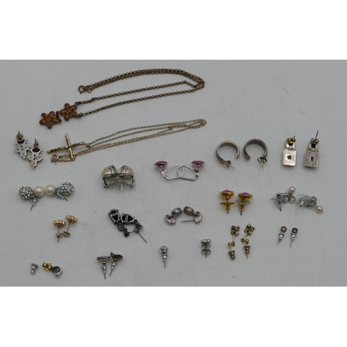 498 - A pair of silver drop earrings and a quantity of various other earrings and 2 pendants on chains.