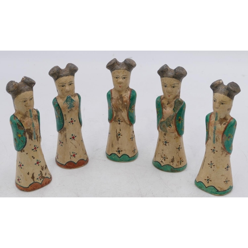 53 - 5 Oriental earthenware figures of ladies on cream and green ground, 15.5cm high. (5)