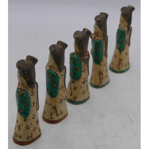 53 - 5 Oriental earthenware figures of ladies on cream and green ground, 15.5cm high. (5)