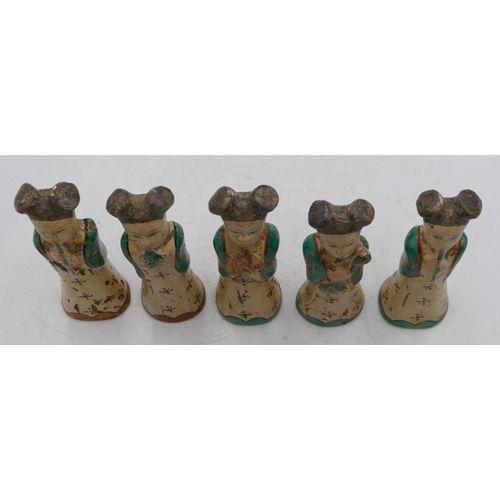 53 - 5 Oriental earthenware figures of ladies on cream and green ground, 15.5cm high. (5)