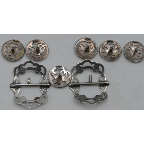 535 - A pair of Birmingham silver shoe buckles and a B.G. & Co set of 6 buttons with pierced figure decora... 