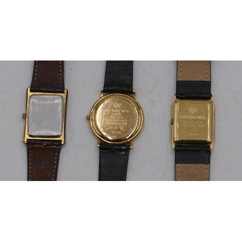 546 - 2 Raymond Weil wristwatches and a Piaget Quartz wristwatch, all with leather straps. (3)