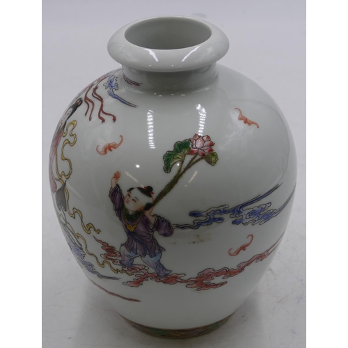 56 - An Oriental round bulbous thin necked vase on white ground with multi-coloured figure and animal dec... 