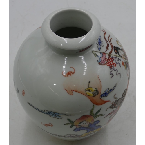 56 - An Oriental round bulbous thin necked vase on white ground with multi-coloured figure and animal dec... 