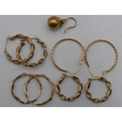 566 - 4 pairs of 9ct gold circular earrings, 6 grams and an odd Victorian gold drop earring mounted with t... 