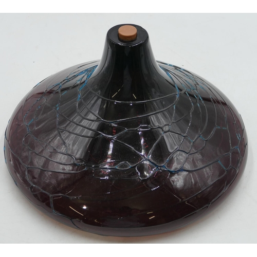 57 - A 1960's blue thread purple glass round bulbous table lamp base, 34cm diameter, 18.5cm high.