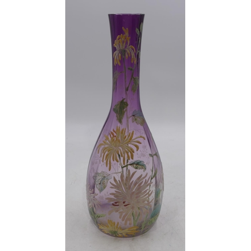 58 - A Mount Joy enamelled round bulbous thin necked glass vase on purple ground with raised coloured ena... 