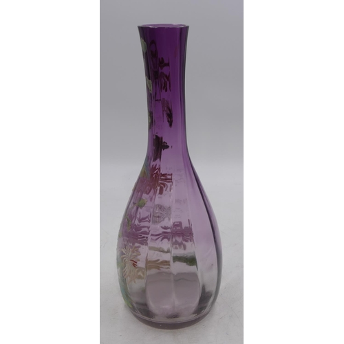 58 - A Mount Joy enamelled round bulbous thin necked glass vase on purple ground with raised coloured ena... 