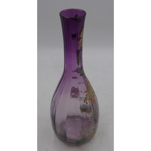 58 - A Mount Joy enamelled round bulbous thin necked glass vase on purple ground with raised coloured ena... 