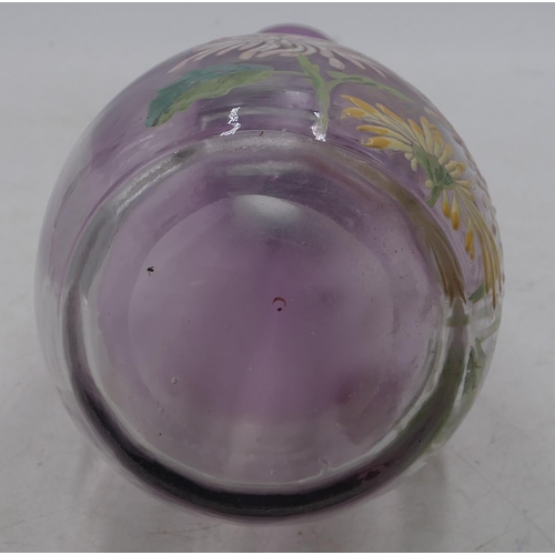 58 - A Mount Joy enamelled round bulbous thin necked glass vase on purple ground with raised coloured ena... 