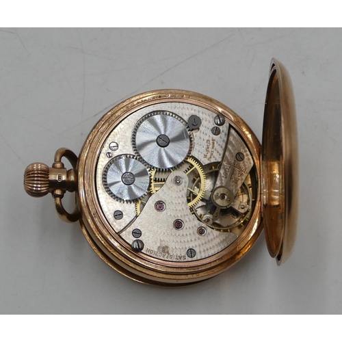 591 - A 9ct gold full hunter pocket watch with white enamel dial, seconds dial and Arabic numerals (workin... 