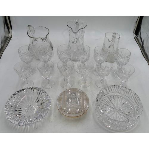 60 - 2 heavy cut glass ashtrays, 18cm diameter, a set of 6 round bulbous shaped wine glasses, 6 other gla... 