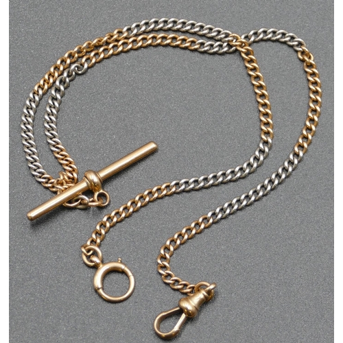 602 - An 18ct 2-coloured gold watch chain with T-bar, 41.5cm long, 23.5 grams.