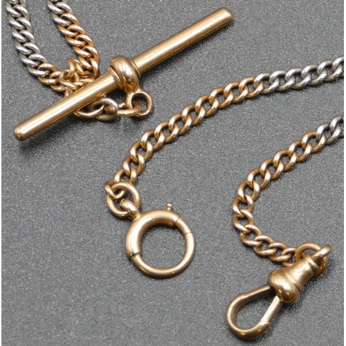 602 - An 18ct 2-coloured gold watch chain with T-bar, 41.5cm long, 23.5 grams.