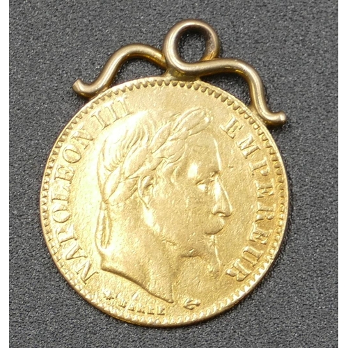 604 - A Napoleon III gold 10 Francs 1865 (welded with pendant top), 3.5 grams gross.